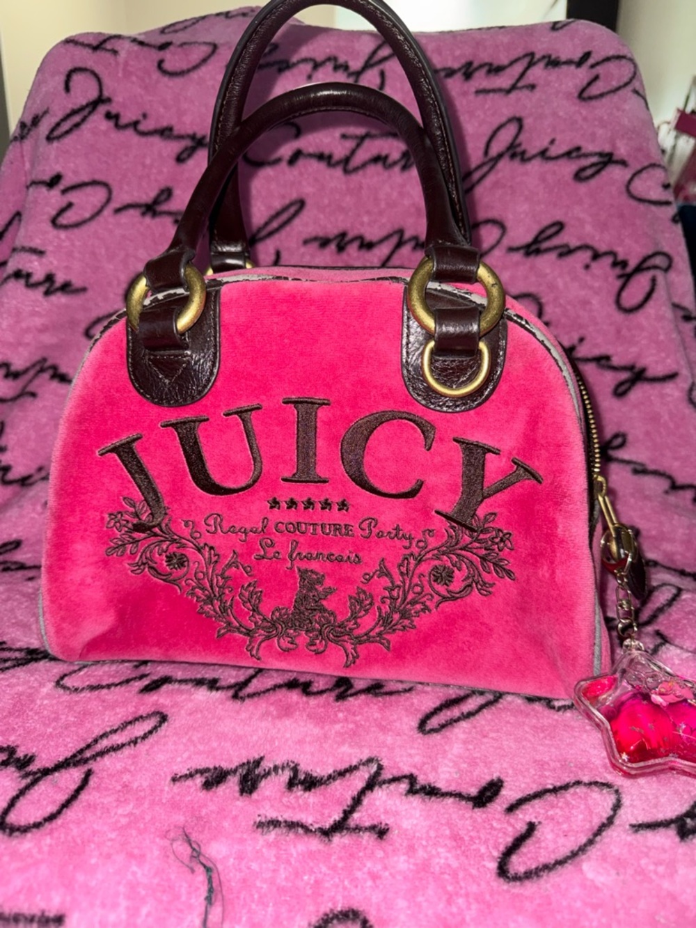 Juicy Couture Pink Velvet Dome Satchel with Dark Brown Trim